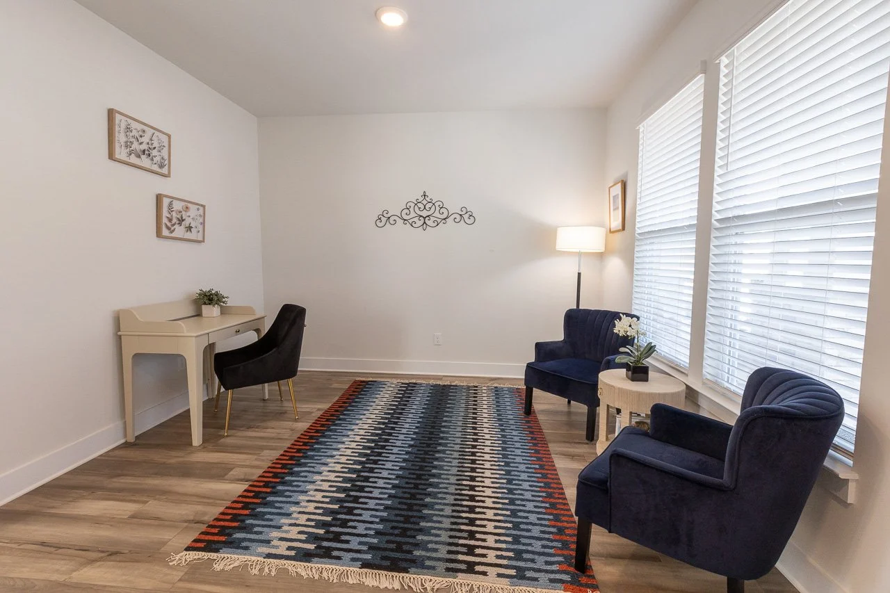 Living room with two navy blue armchairs, a small white side table with a potted plant, a floor lamp, a patterned area rug, large windows with white blinds, and wall decor including framed pictures and a metal wall art piece.