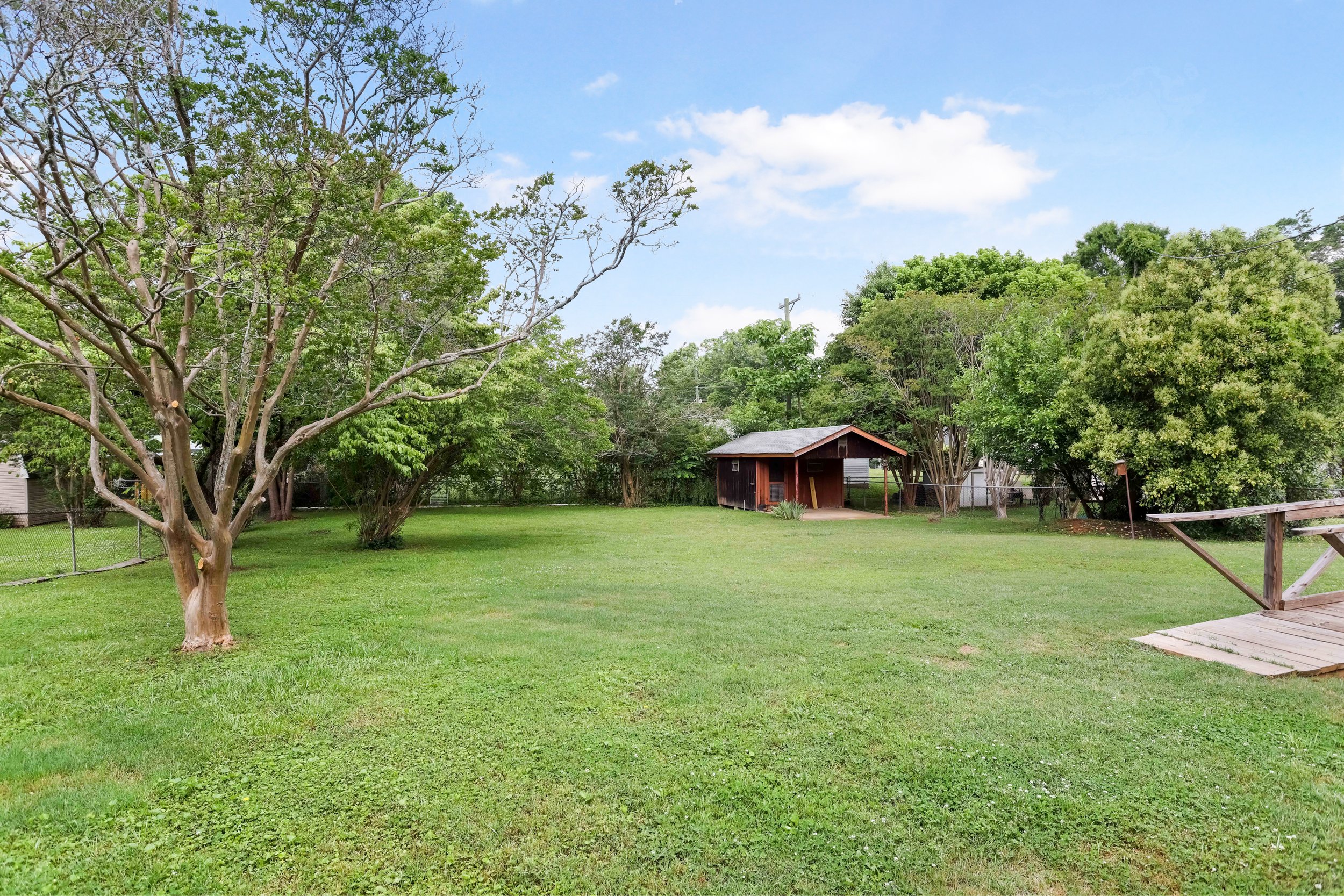 A grassy backyard with a large tree on the left, a small shed in the center, and several smaller trees and bushes along the fence in the background. A wooden deck is visible on the right side.