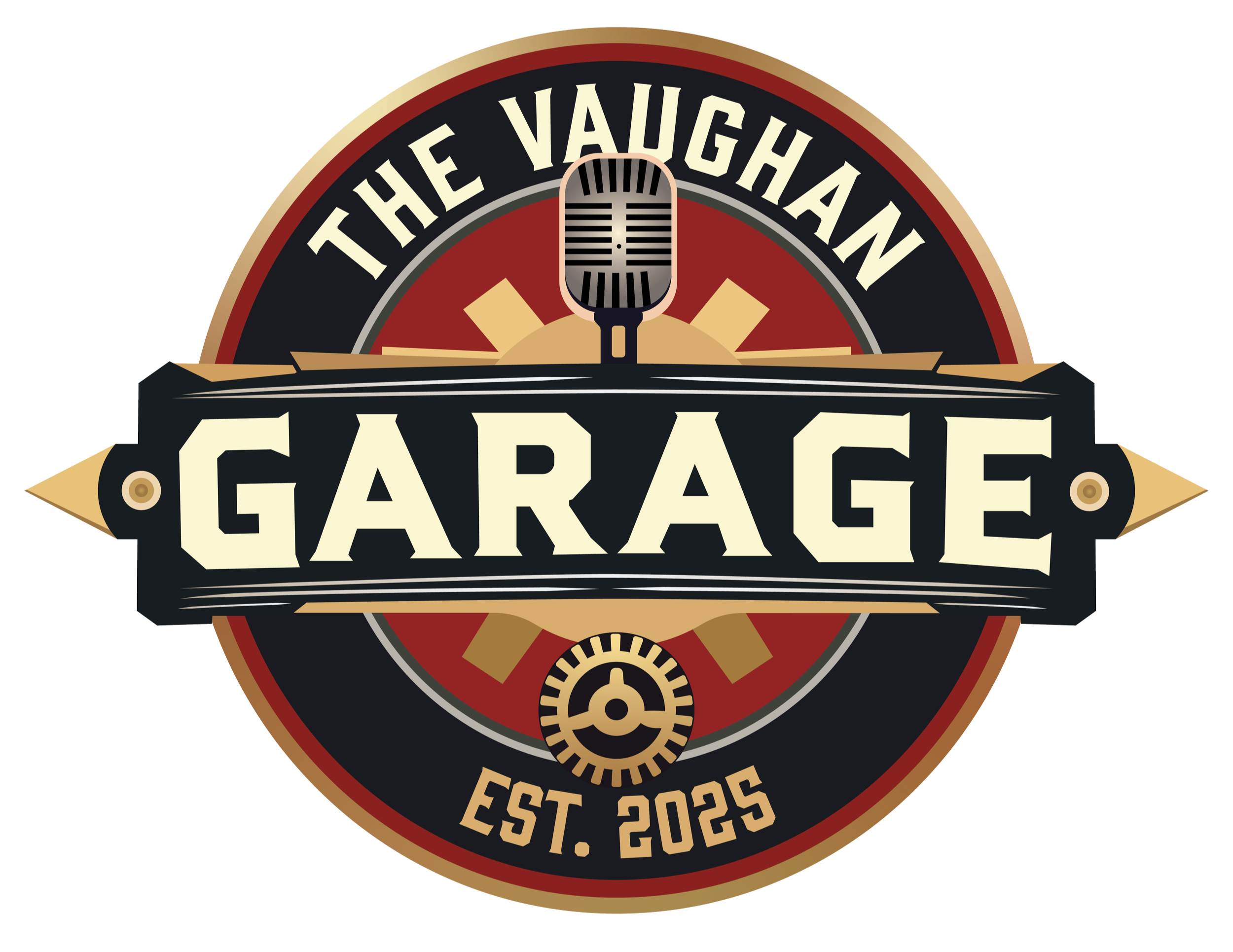 Logo with circular design featuring a microphone at the top, a gear at the bottom, a shield-like shape with the word 'GARAGE' in the center, and text 'The Vaughan' at the top and 'Est. 2025' at the bottom.