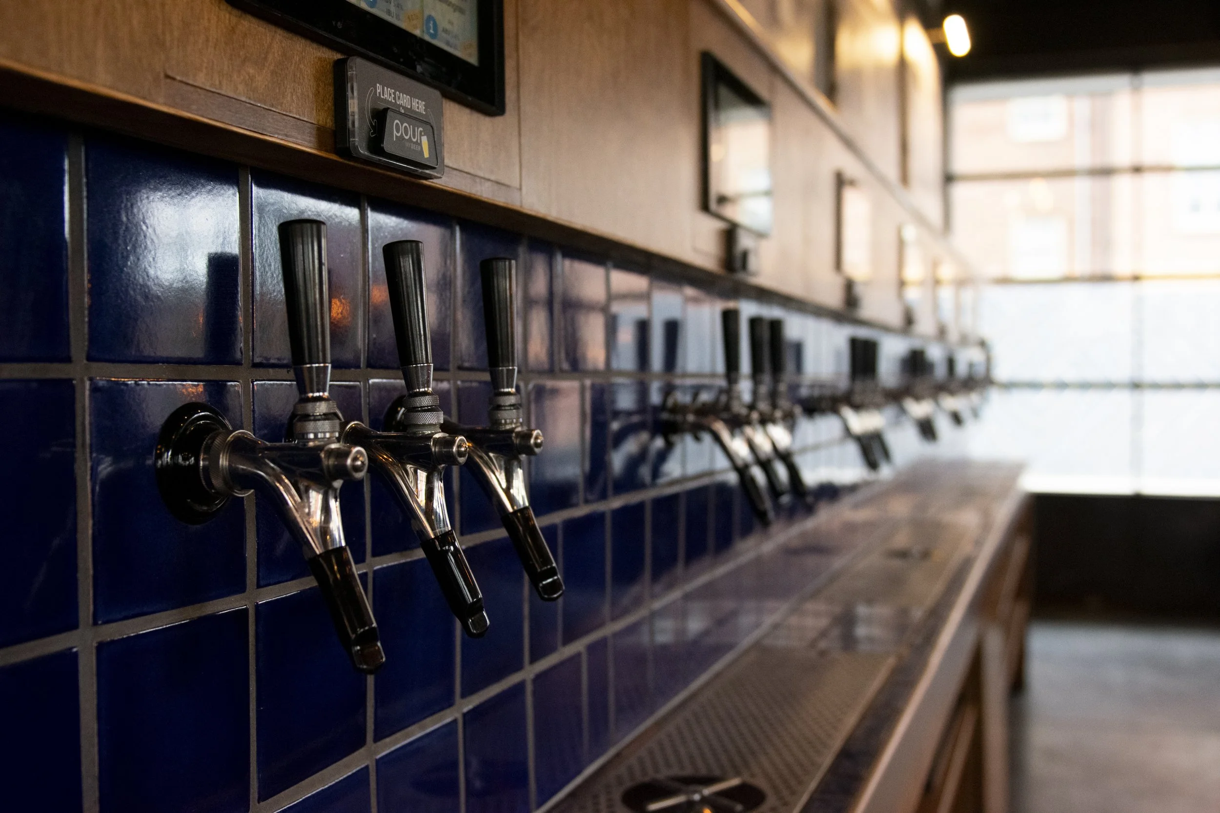 Inside a bar or brewery, showing a row of beer taps on a blue tiled wall with a wooden counter.