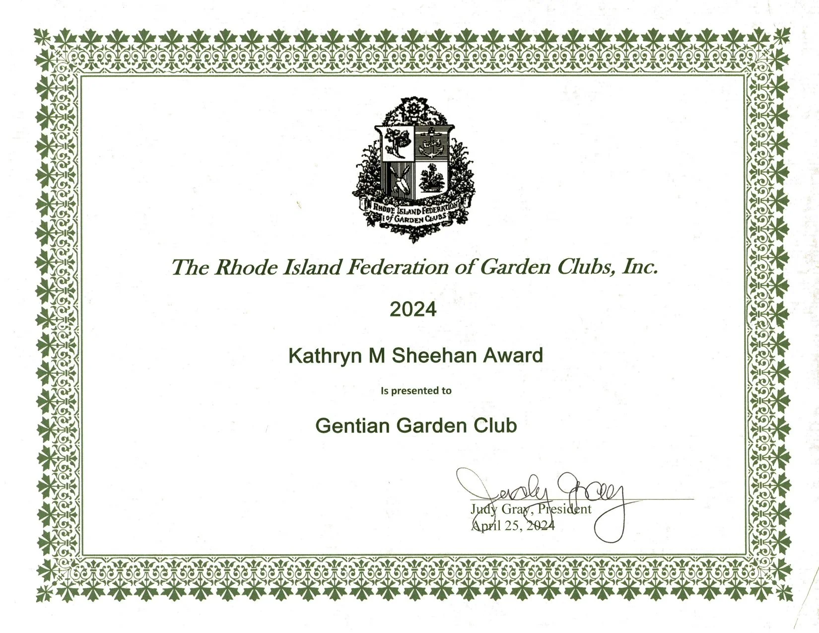 Rhode Island Federation of Garden Clubs awarded the club the Kathryn M. Sheehan Award for an outstanding work of civic beautification for the Bell Garden.