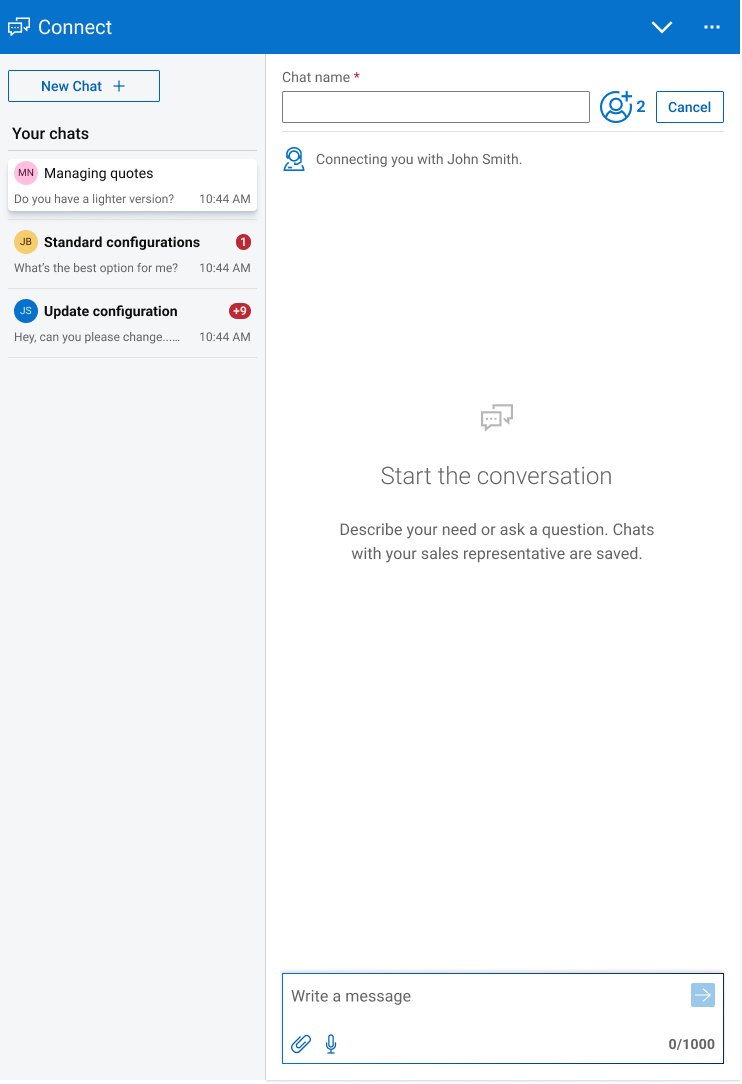(2) Research + Design: As a team we reviewed industry standards and necessary elements. We collaborated closely with the Unified AI (UAI) team to ensure that our Connect chat fit the UAI design system. The UAI team also conducted research on users an