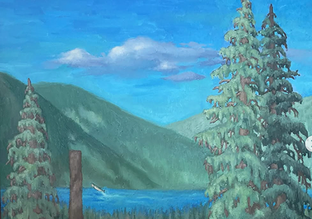A landscape painting of a mountain lake with green hills, blue sky with clouds, and tall pine trees in the foreground.