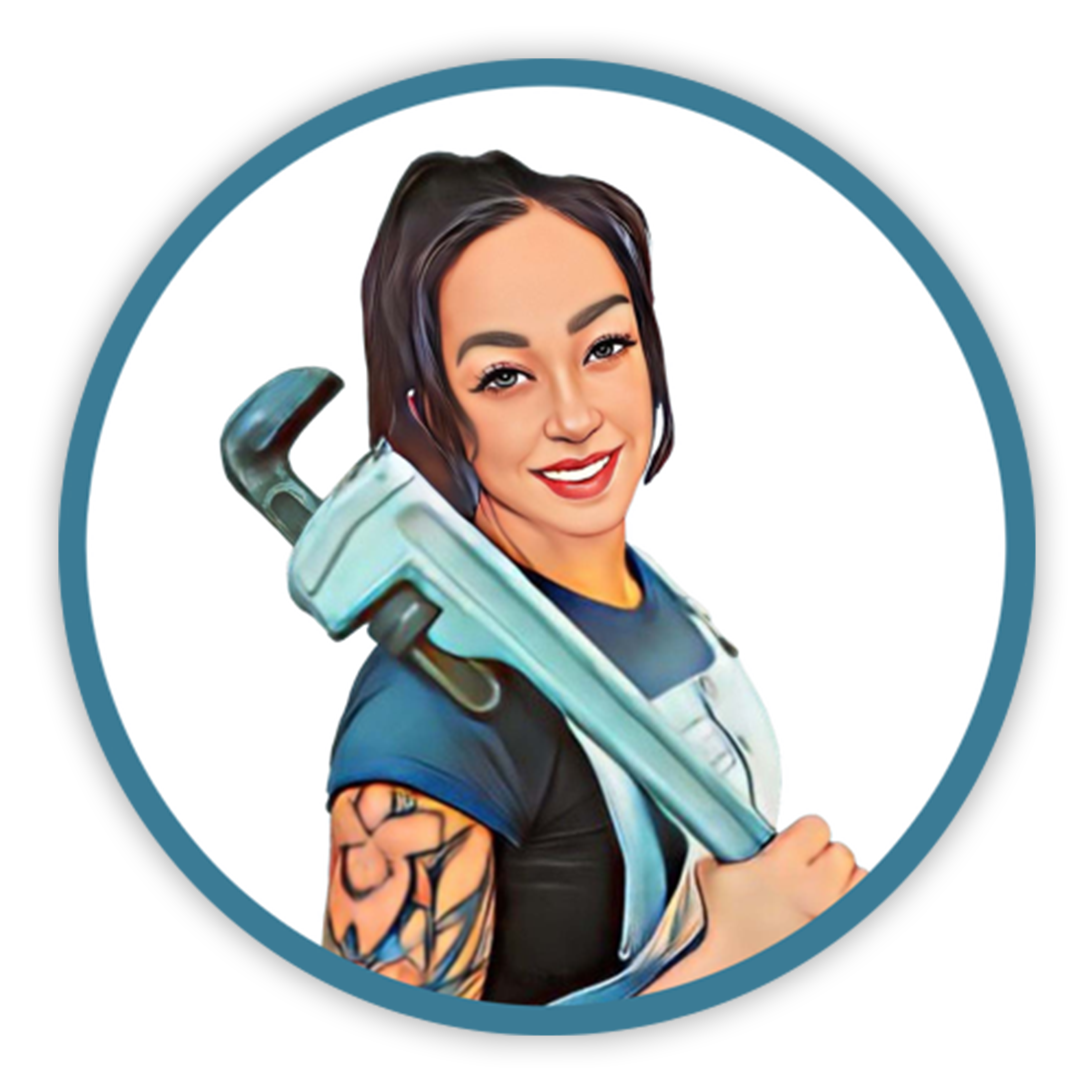 Stylized illustration of a smiling woman with dark hair, holding a large wrench over her shoulder, wearing a dark t-shirt and a mechanic's apron, with tattoos on her arm, inside a circular frame with a blue border.