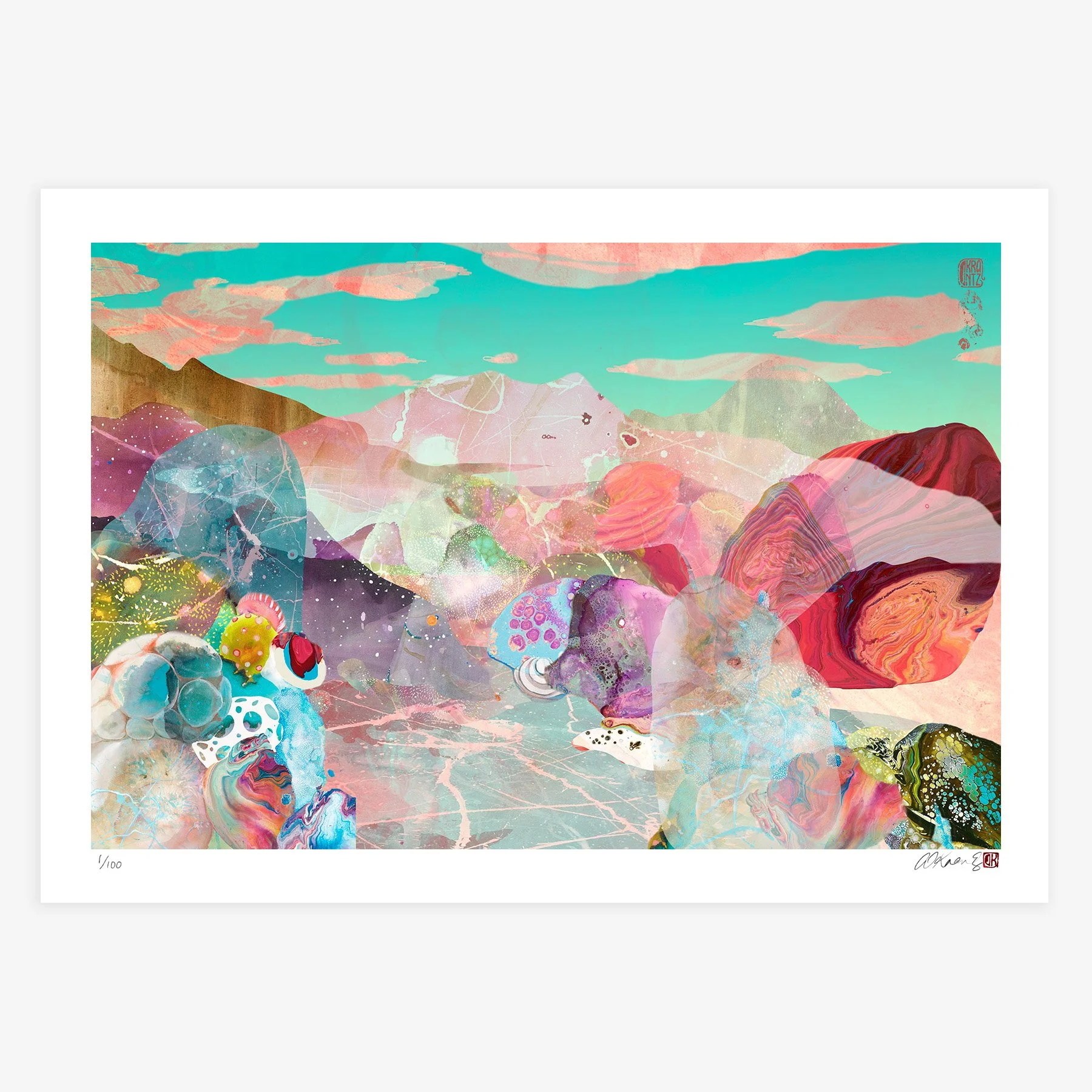 soft mountains and pastel colour print with organic shapes and layers