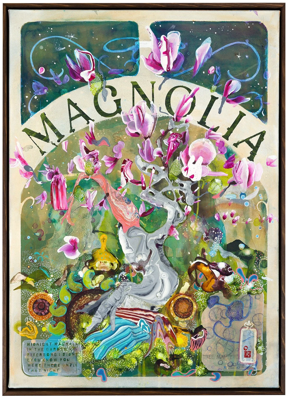An art nouveau painting by Amanda Krantz 'MAGNOLIA' displayed across the top. Bright colors and intricate details create a dreamlike, surreal scene.