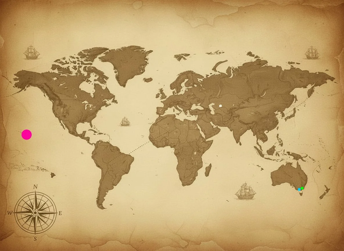 A vintage world map with a pirate theme. It features ships and a compass rose in the bottom left corner. There are colored dots on the map: a pink dot near the west coast of South America, and green dots in Australia.