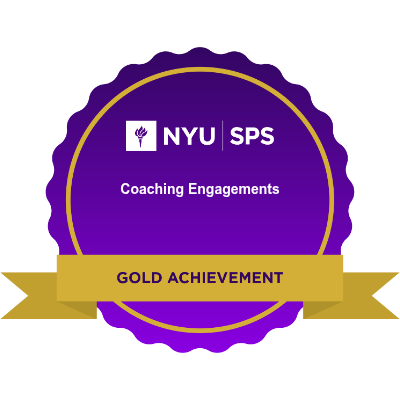 Purple and gold achievement badge from New York University for Coaching Engagements course