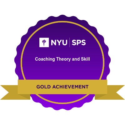 Purple and gold achievement badge from NYU for Coaching Theory and Skill certification
