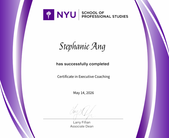 Certificate in Executive Coaching for Stephanie, with the NYU Torch logo