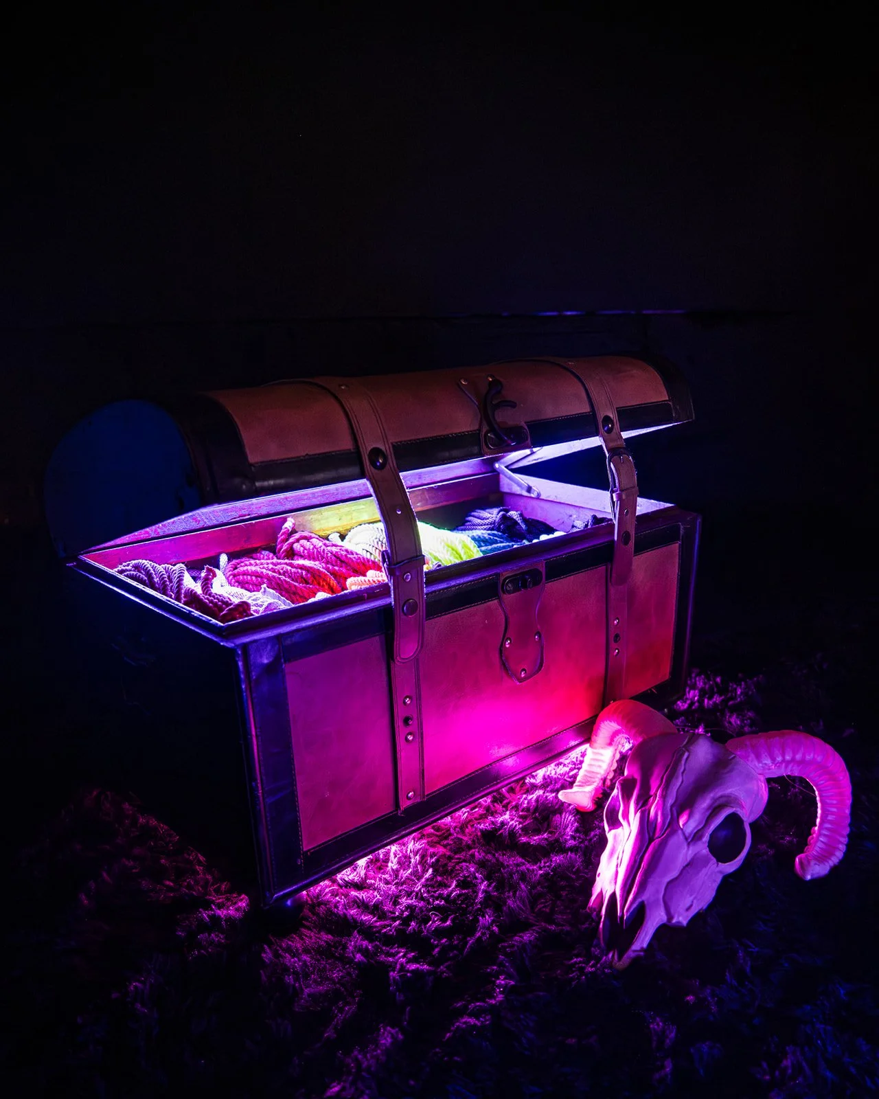 Open treasure chest glowing with purple and pink lights, containing colorful socks, placed on a dark furry surface next to a ram skull.
