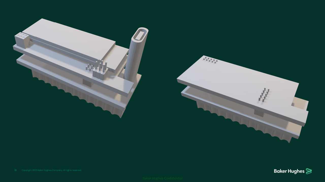 Digital render of two electronic circuit boards with various components on a green background, labeled as Baker Hughes.