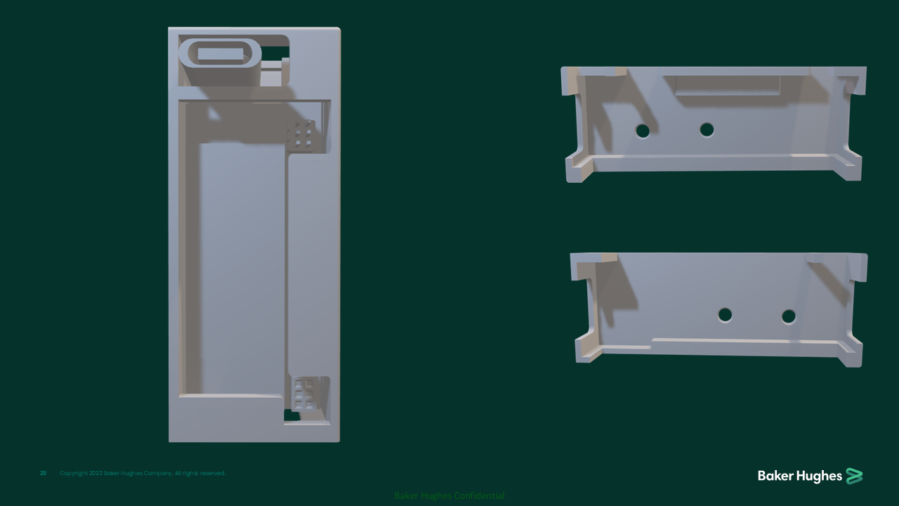 A plastic wall mount box with two separate white clips, one on the top and one on the bottom, designed to hold electronic devices or wiring.