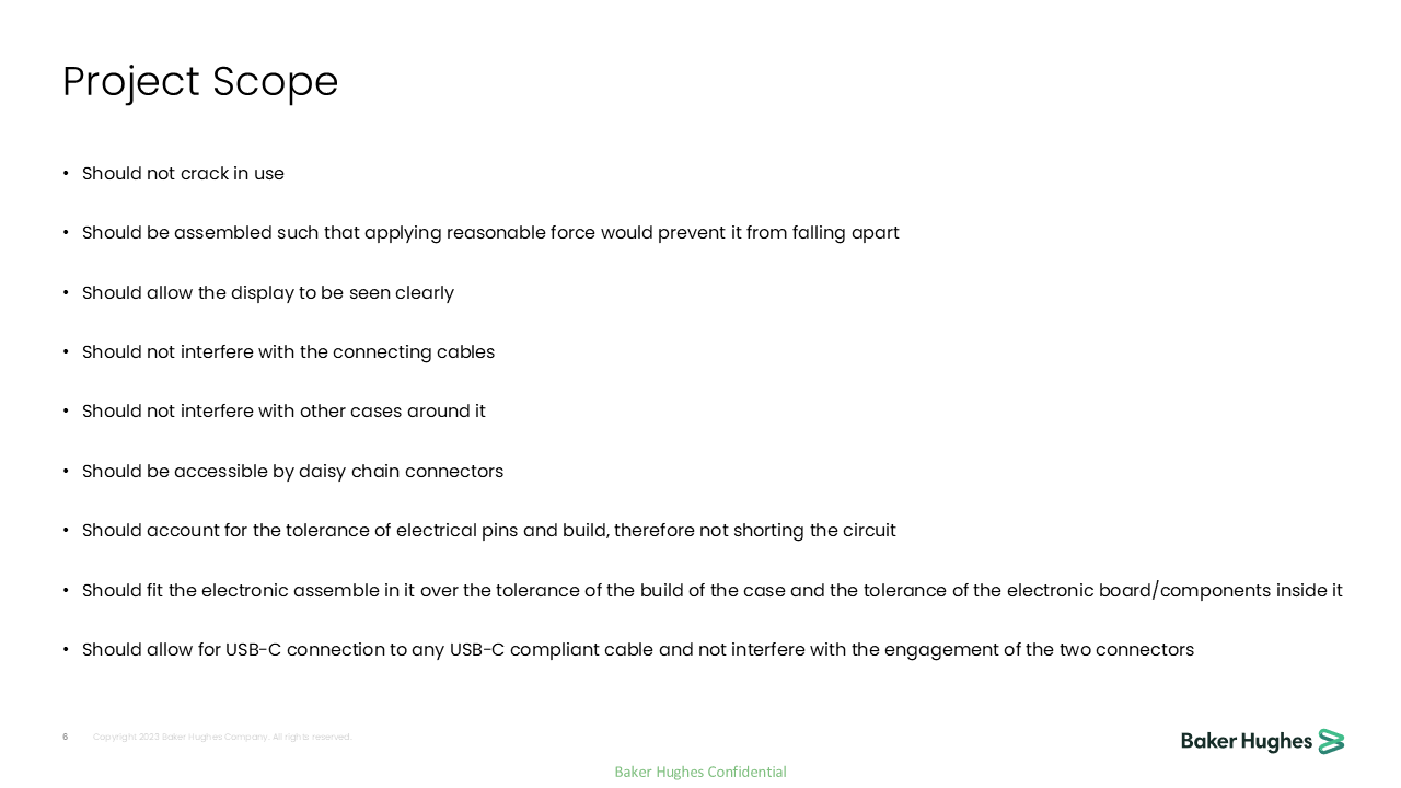 Slide titled 'Project Scope' with bullet points outlining guidelines for electronic and mechanical assembly, including safety, visibility, and compatibility considerations. The logo of Baker Hughes at the bottom right corner.