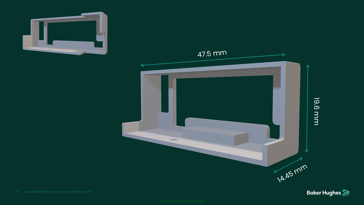 3D diagram of a rectangular structural component with dimensions labeled: 47.5 mm by 19.6 mm by 14.45 mm, shown from two angles.