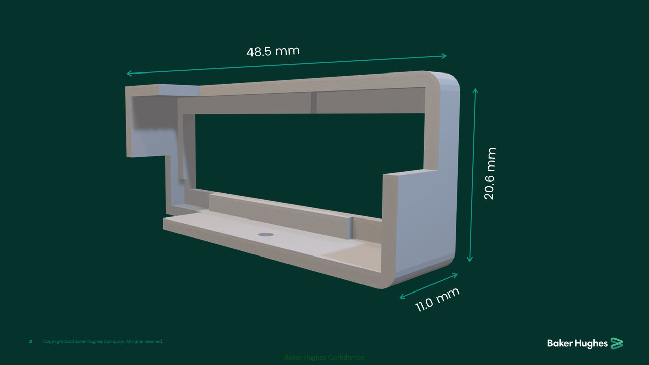 3D rendering of a rectangular metal or plastic component with dimensions marked as 48.5 mm by 20.6 mm by 11.0 mm, featuring an open center and various cutouts and notches, set against a dark green background with measurements labeled.