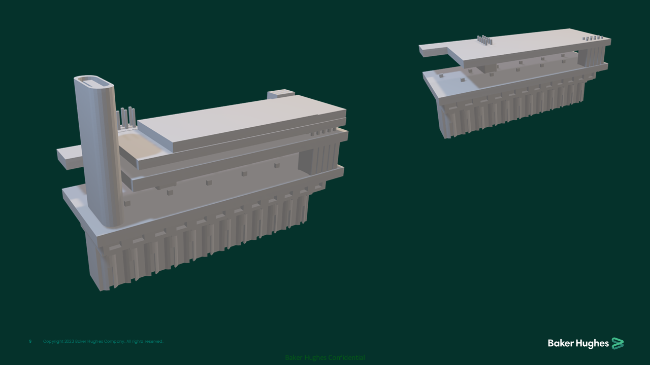 3D render of a large industrial building with multiple levels and a tall cylindrical tower on the left side, shown from two different angles.