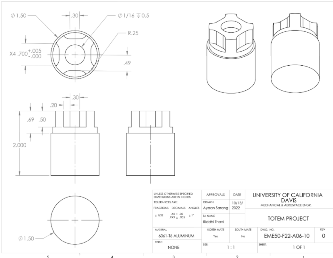 Technical engineering drawing of a cylindrical aluminum part with detailed measurements, views, and specifications, including top, side, and isometric perspectives from the University of California, Davis.