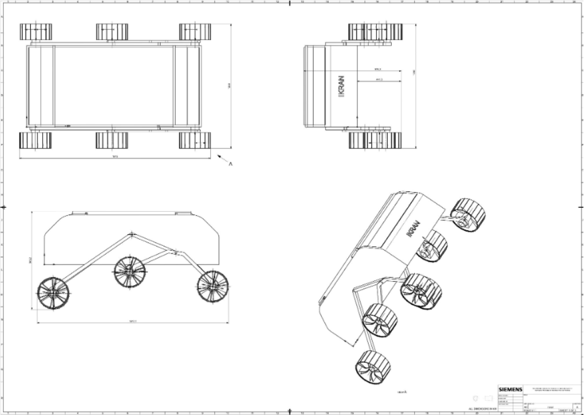 Technical engineering drawing of a tracked vehicle with multiple views: top, side, front, and isometric, including measurements and labeled parts.
