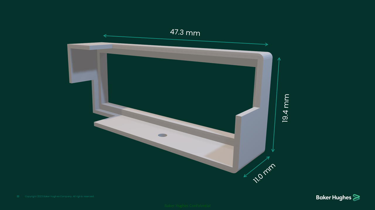 A 3D rendering of a rectangular electronic component holder with dimensions labeled in millimeters: 47.3 mm wide, 19.4 mm high, and 11.0 mm deep, with a circular hole at the base.
