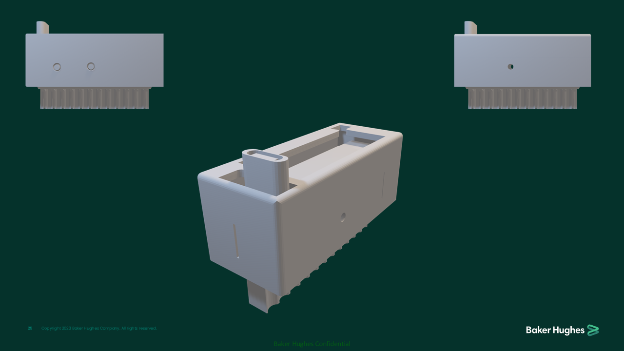 3D rendering of a metallic electronic component, resembling a connector or a module, with two smaller modules above it.