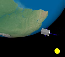 Satellite orbiting Earth with a yellow object nearby in space.