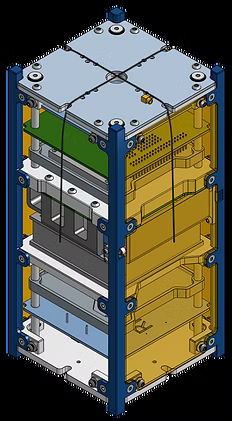 A detailed 3D model of an industrial electrical or electronic enclosure with multiple compartments, panels, and colored sections in blue, gray, green, and yellow.