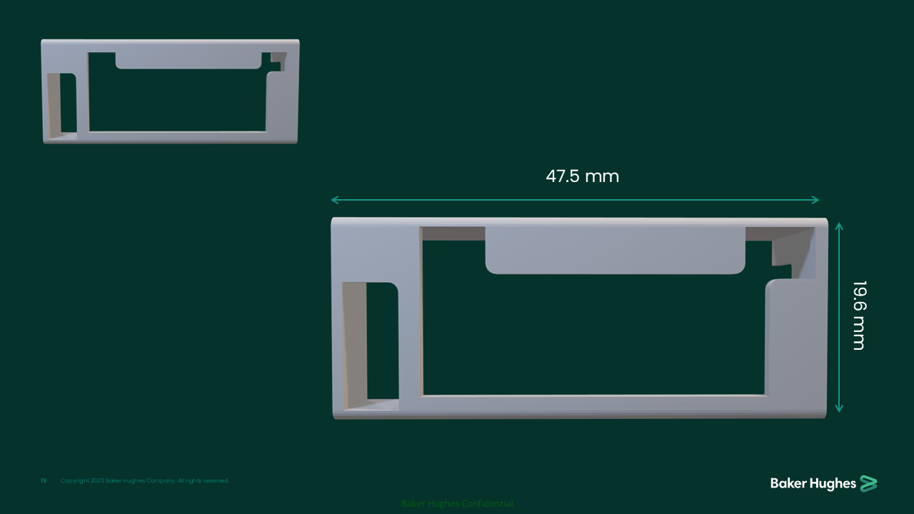 3D-rendered image of a metallic rectangular component with detailed measurements, placed on a dark green background. The dimensions indicate a length of 47.5 mm and a height of 19.6 mm.