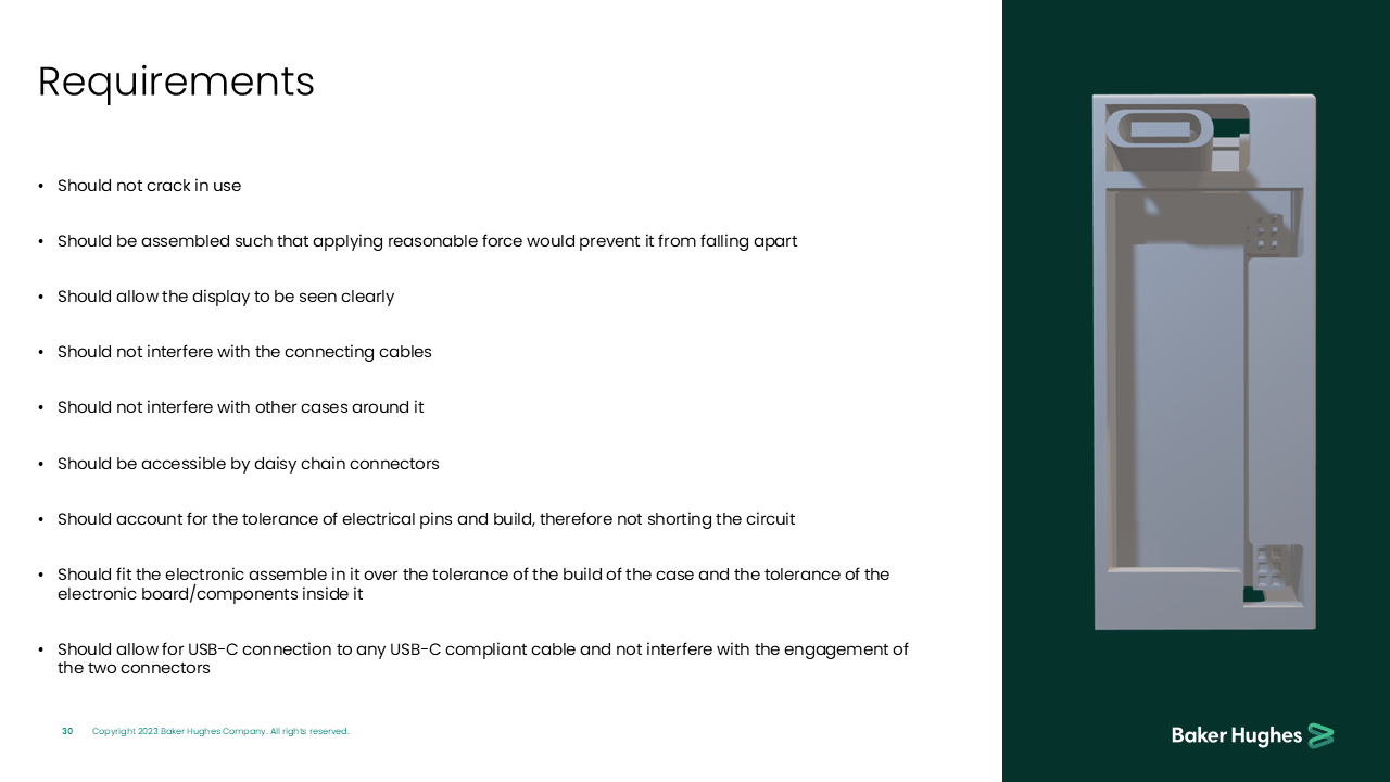 Requirements list on a presentation slide with a dark green border on the right and an illustration of an electronic device case.
