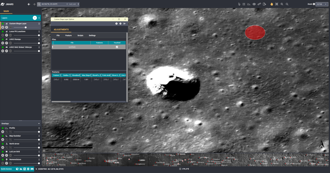 A lunar surface map showing craters, with a red highlighted crater and a white crater, on a computer screen with various mapping and analysis tools.