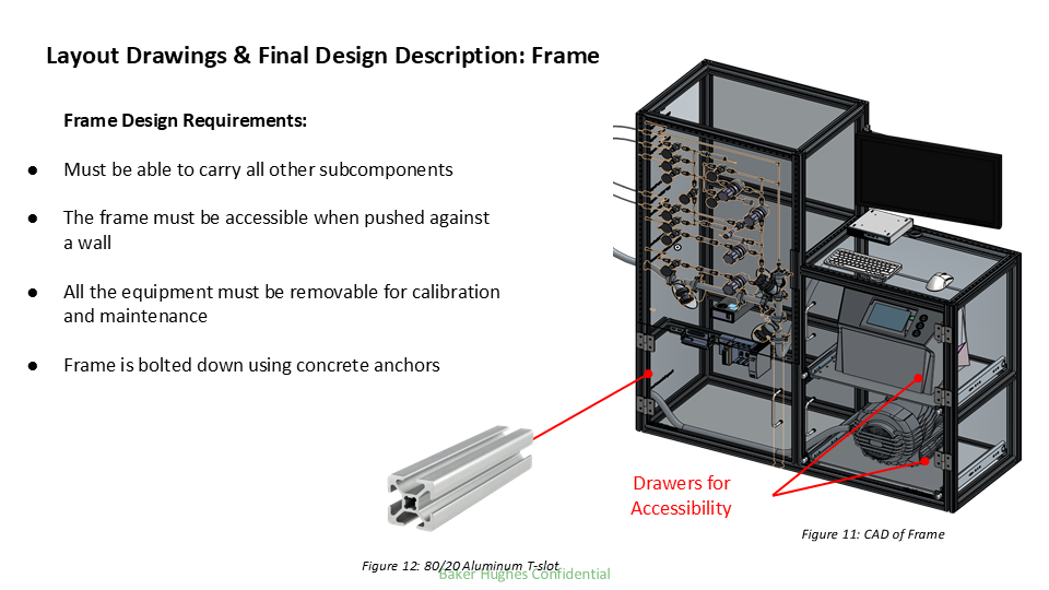Diagram of a lab equipment frame with access drawers, and specifications for designing the frame, including the ability to carry components, accessibility, removable equipment, and bolting details.