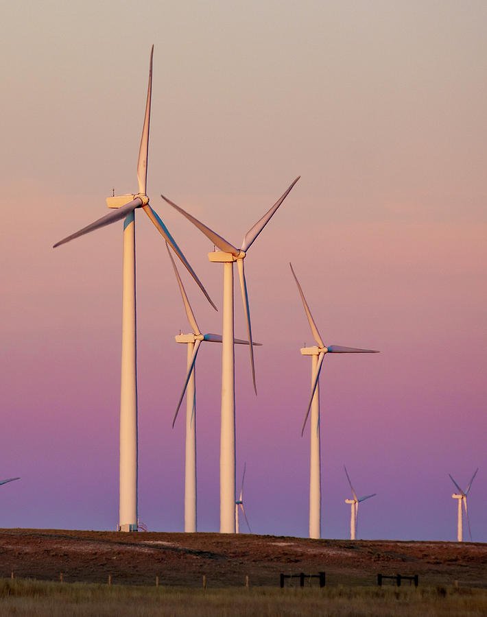 Multiple wind turbines in a wind farm during sunset with a pink and purple sky.