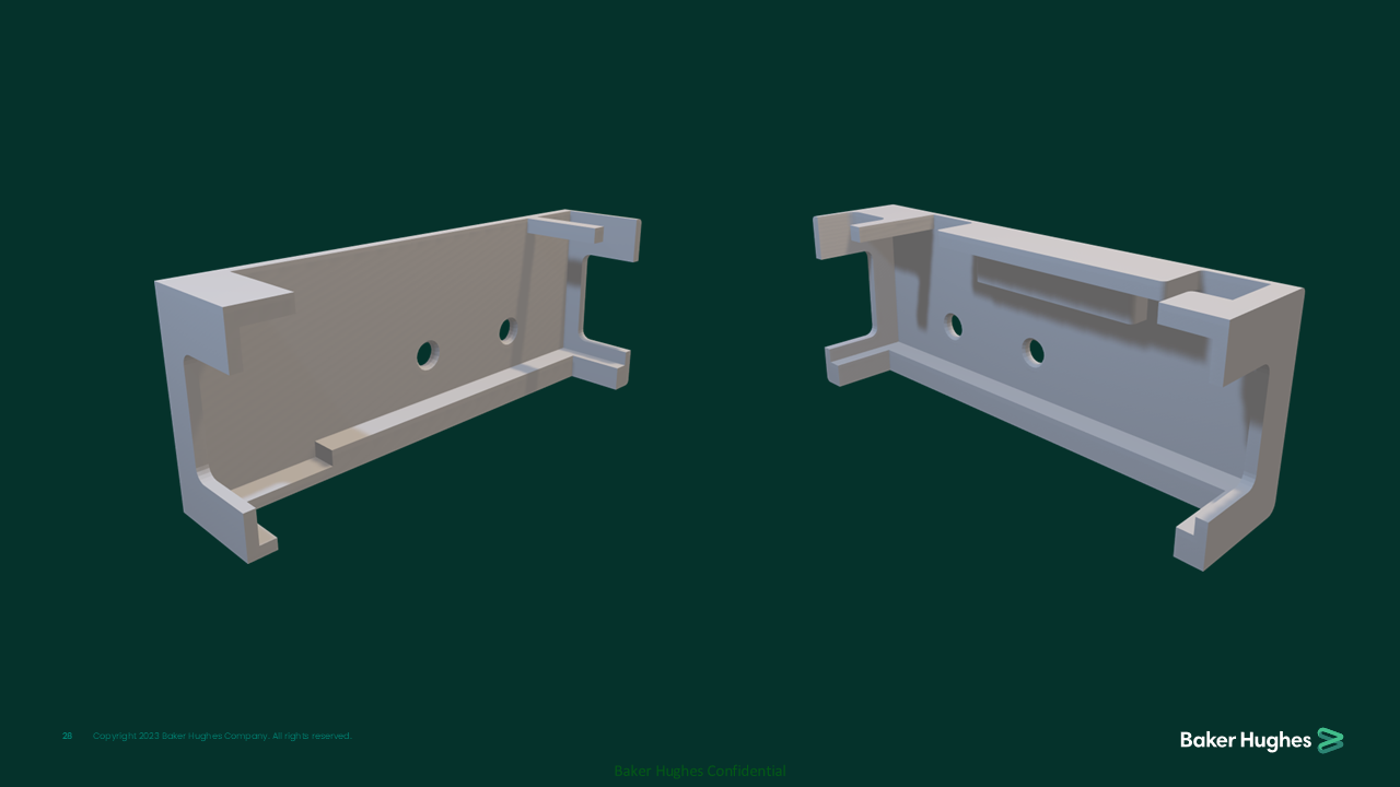 Two metallic L-shaped brackets with holes for screws, positioned parallel to each other, on a dark green background.