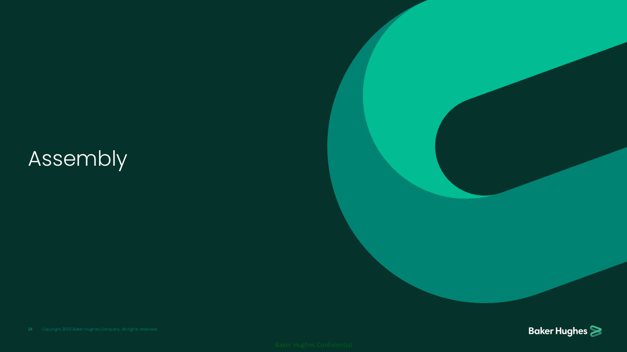 A presentation slide with the word 'Assembly' and a large abstract teal logo on a dark green background, with the 'Baker Hughes' logo at the bottom right corner.