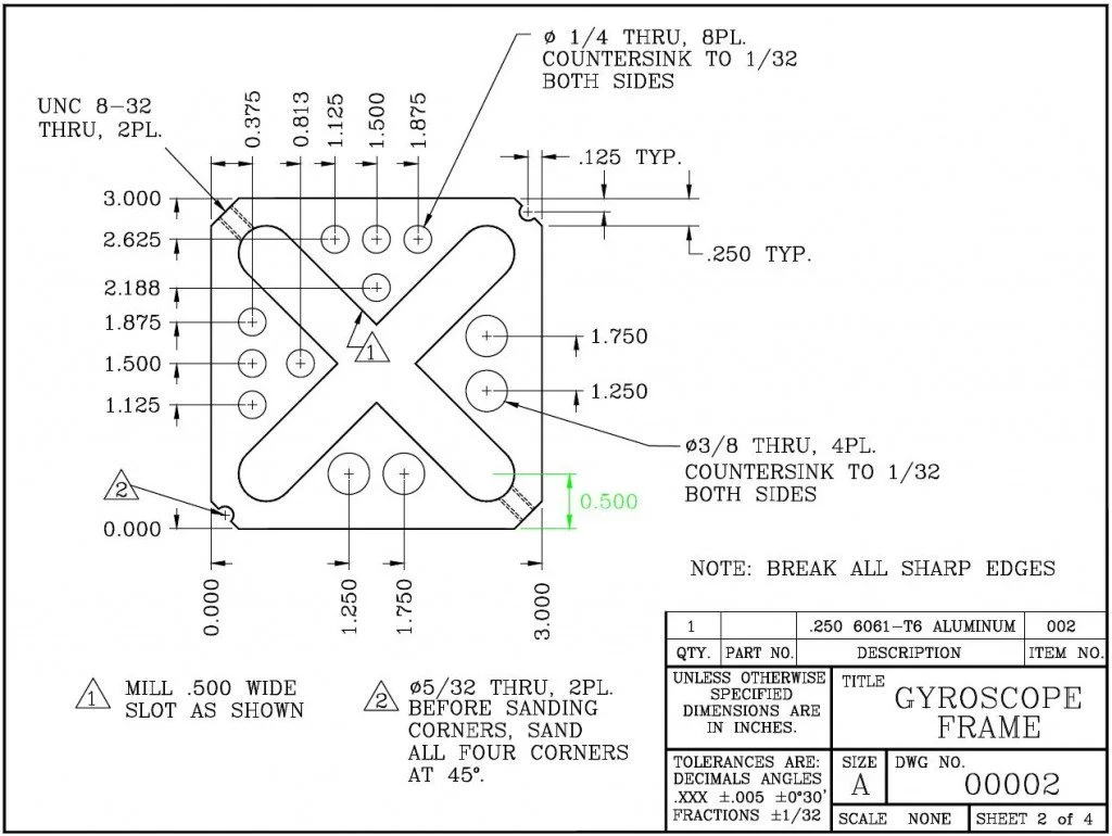 Technical drawing of a gyroscope frame, showing dimensions, hole sizes, and instructions for sandblasting and edge breaking, with notes on material and tolerances.