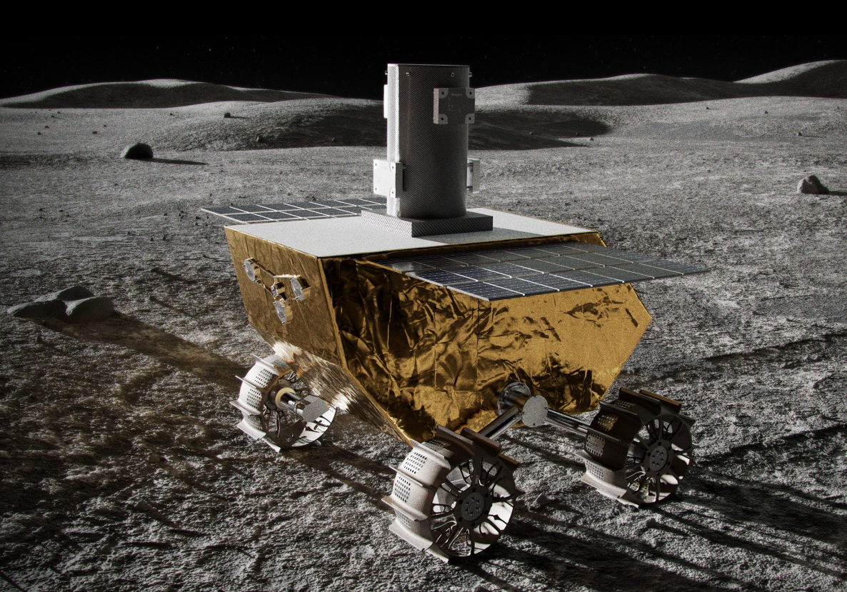 A spacecraft with gold foil insulation and solar panels on the moon's surface, featuring multiple wheels for mobility and a tall antenna or instrument on top.