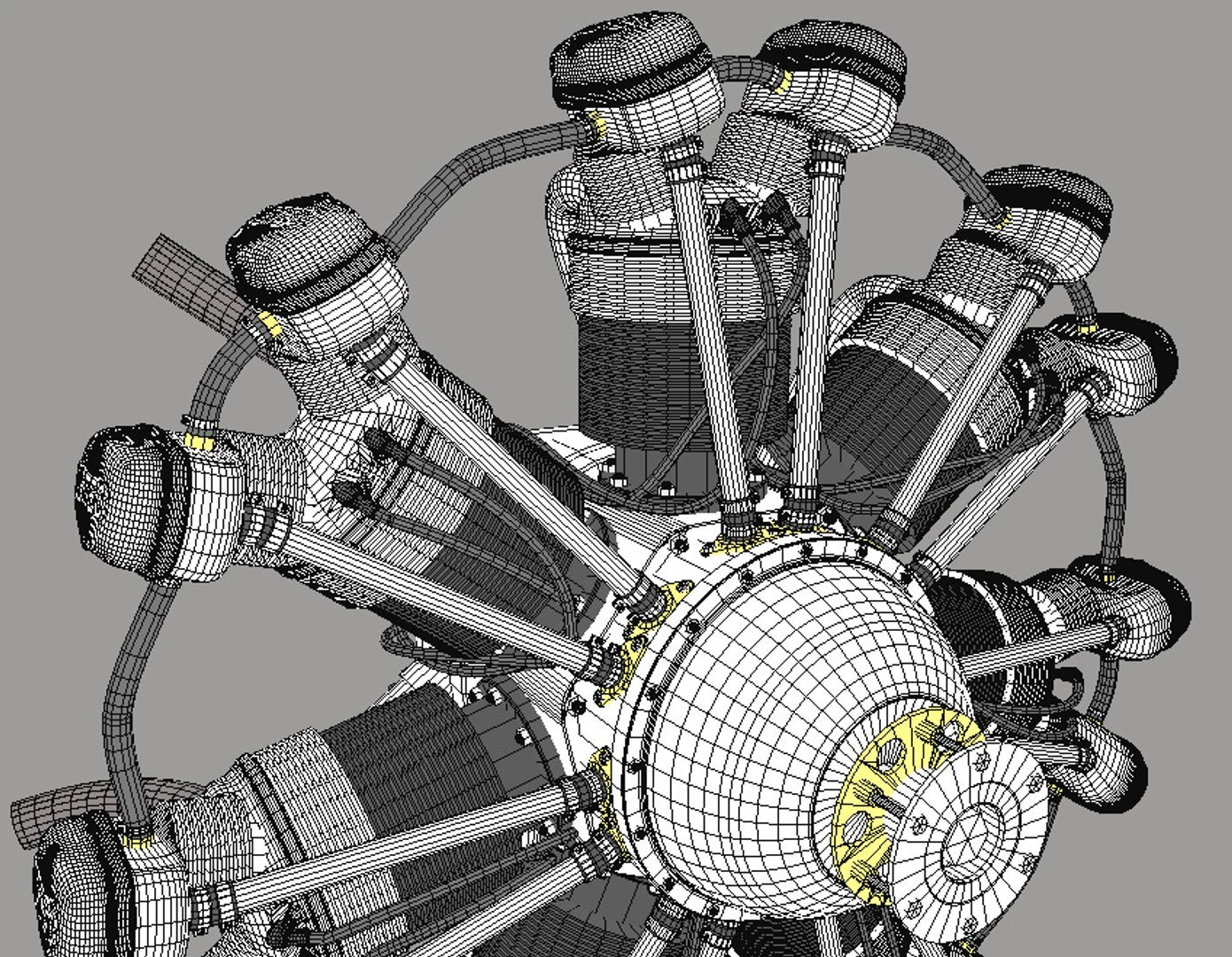A 3D wireframe model of a radial engine with multiple pistons arranged in a circle around the central crankshaft, showing detailed components and structure.