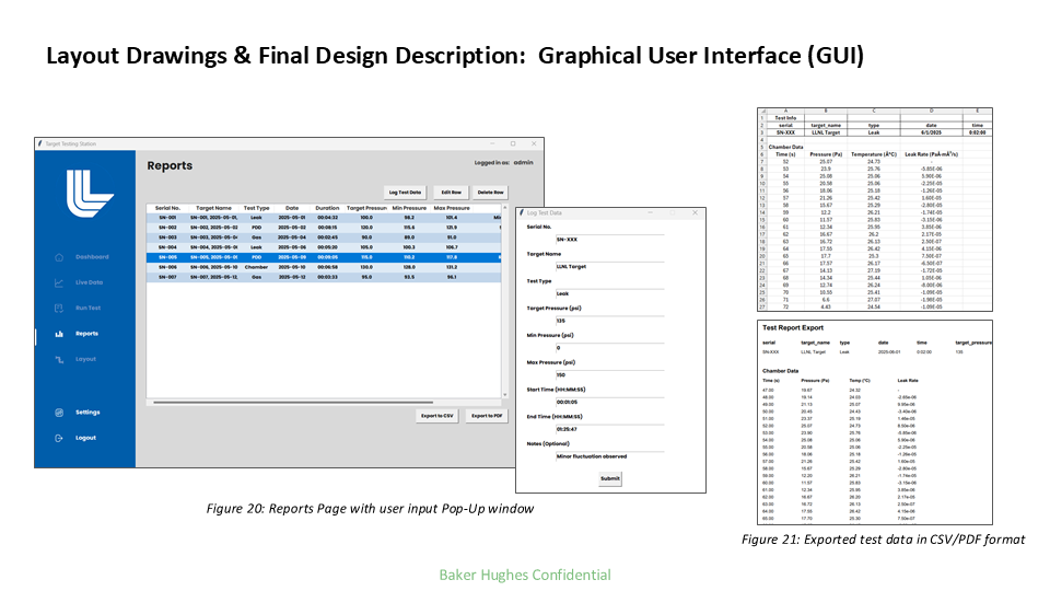 Screenshot of a user interface for graphical user interface (GUI) design showing a reports page with a pop-up window for user input, and corresponding exported test data in CSV/PDF format.