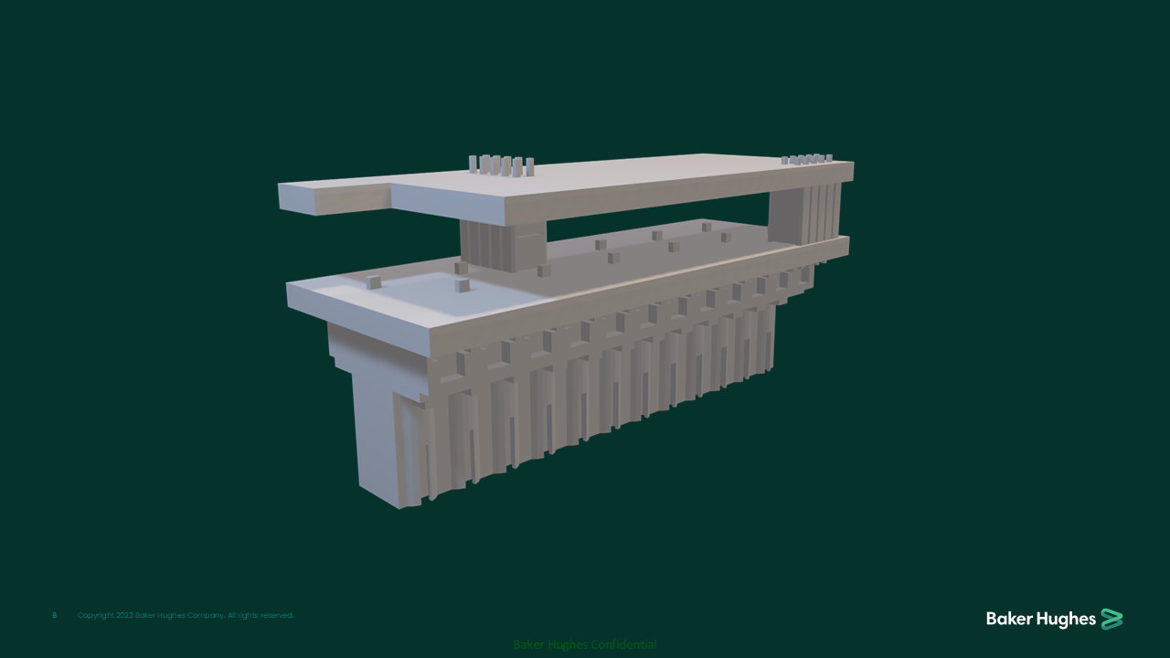 3D digital model of a mechanical or industrial component with multiple layers and structural features, rendered in gray against a dark background.