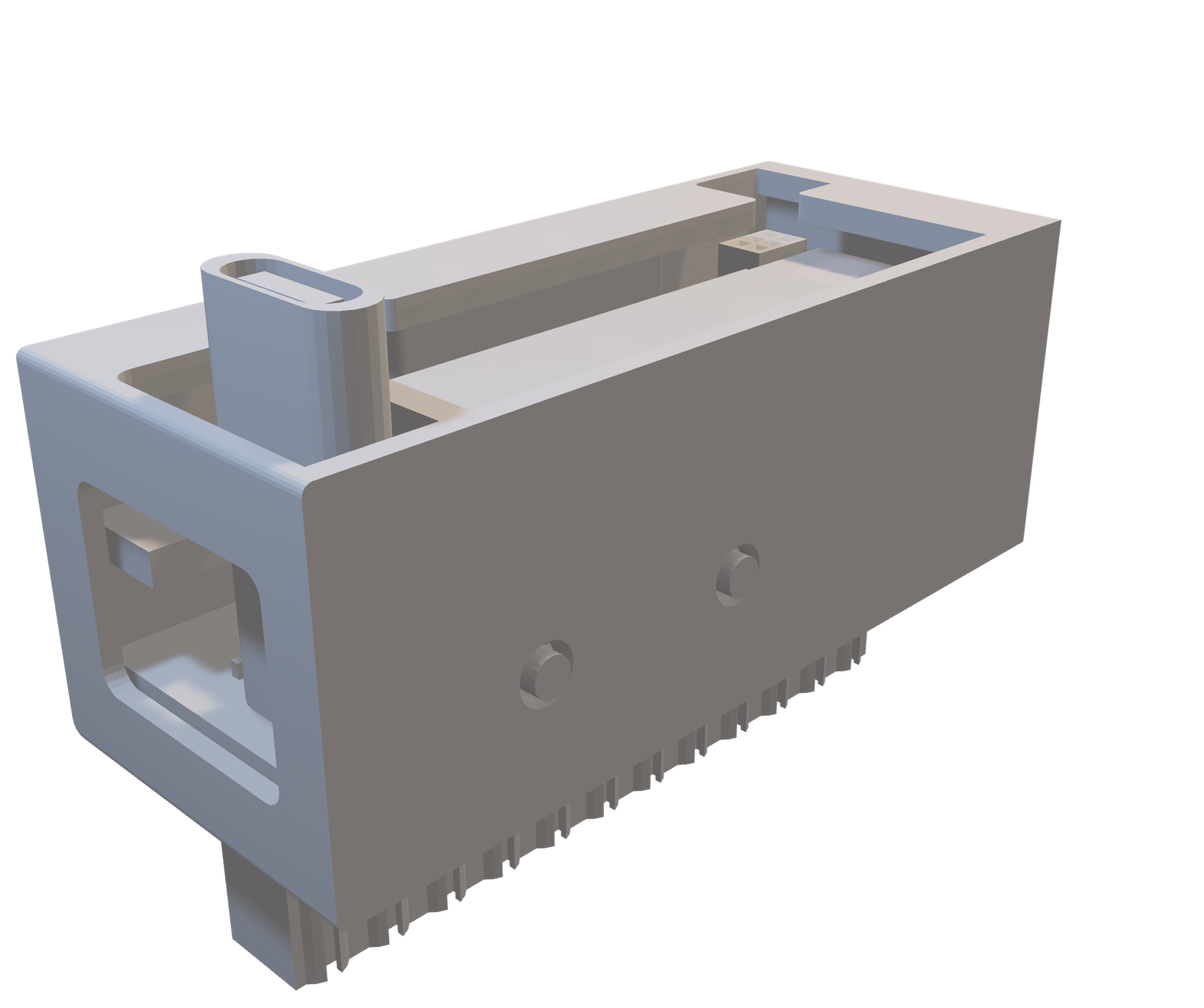 A 3D rendering of a white electronic device, possibly a toaster or similar appliance, with slots on top and a handle on the side.