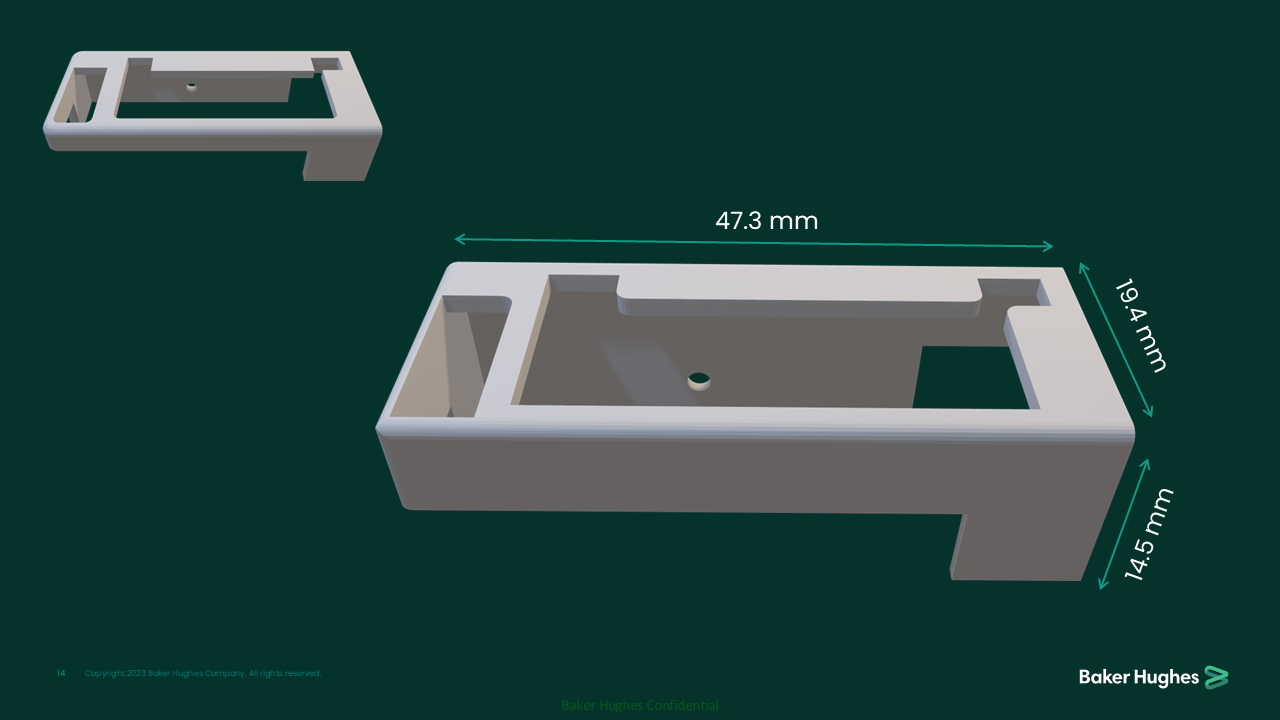 3D rendered image of a white rectangular mechanical or electronic component with dimensions 47.3 mm by 19.4 mm by 14.5 mm, placed on a dark green background. The component has cutouts and holes, and the measurements are displayed in millimeters.