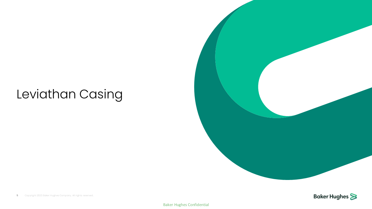 Slide title that reads 'Leviathan Casing' with a large abstract teal and white graphic on the right side, and the Bakers Hughes logo at the bottom right corner.