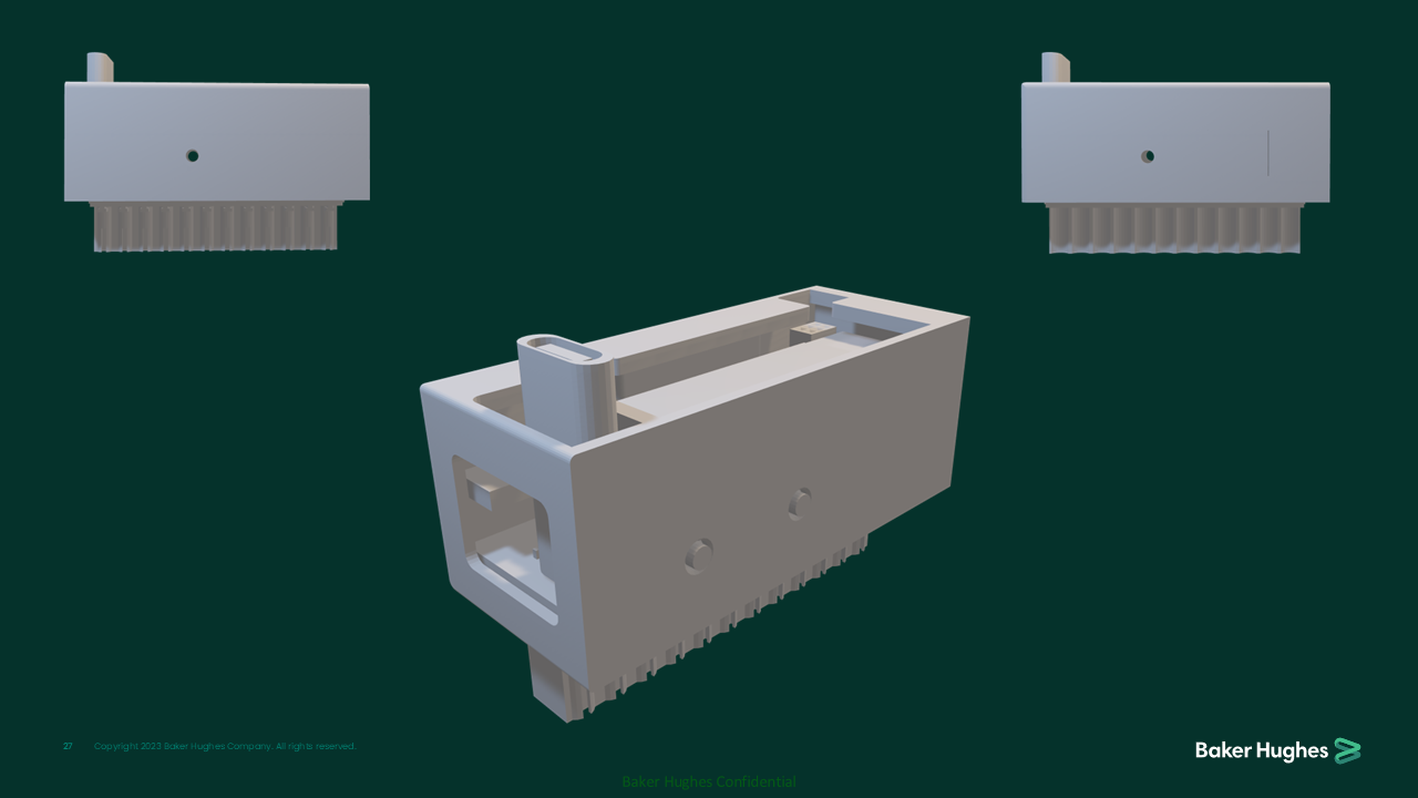 Three computer hardware components, including a close-up of a white circuit board with fins, a grey plastic connector housing, and a smaller grey component with fins, arranged against a dark background.