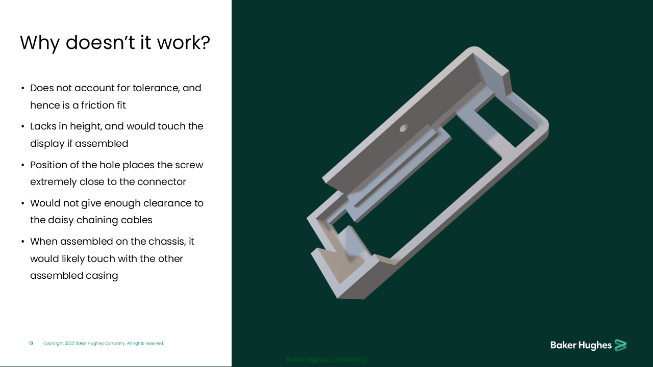 Diagram showing a disassembled component with a list of reasons why it doesn't work, including issues with tolerance, height, hole placement, clearance, and assembly contact.