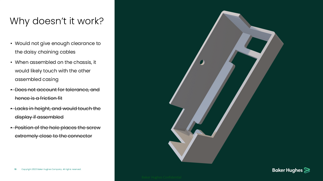 Diagram of a metal casing with cutouts and a screw hole, used to illustrate component assembly