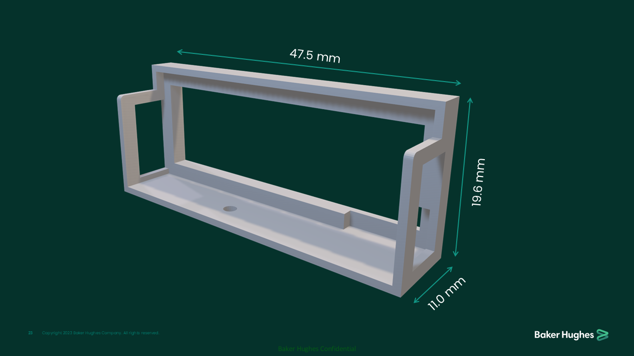 3D model of a rectangular metallic frame with dimensions labeled as 47.5 mm in length, 19.6 mm in height, and 11.0 mm in depth, on a dark green background.