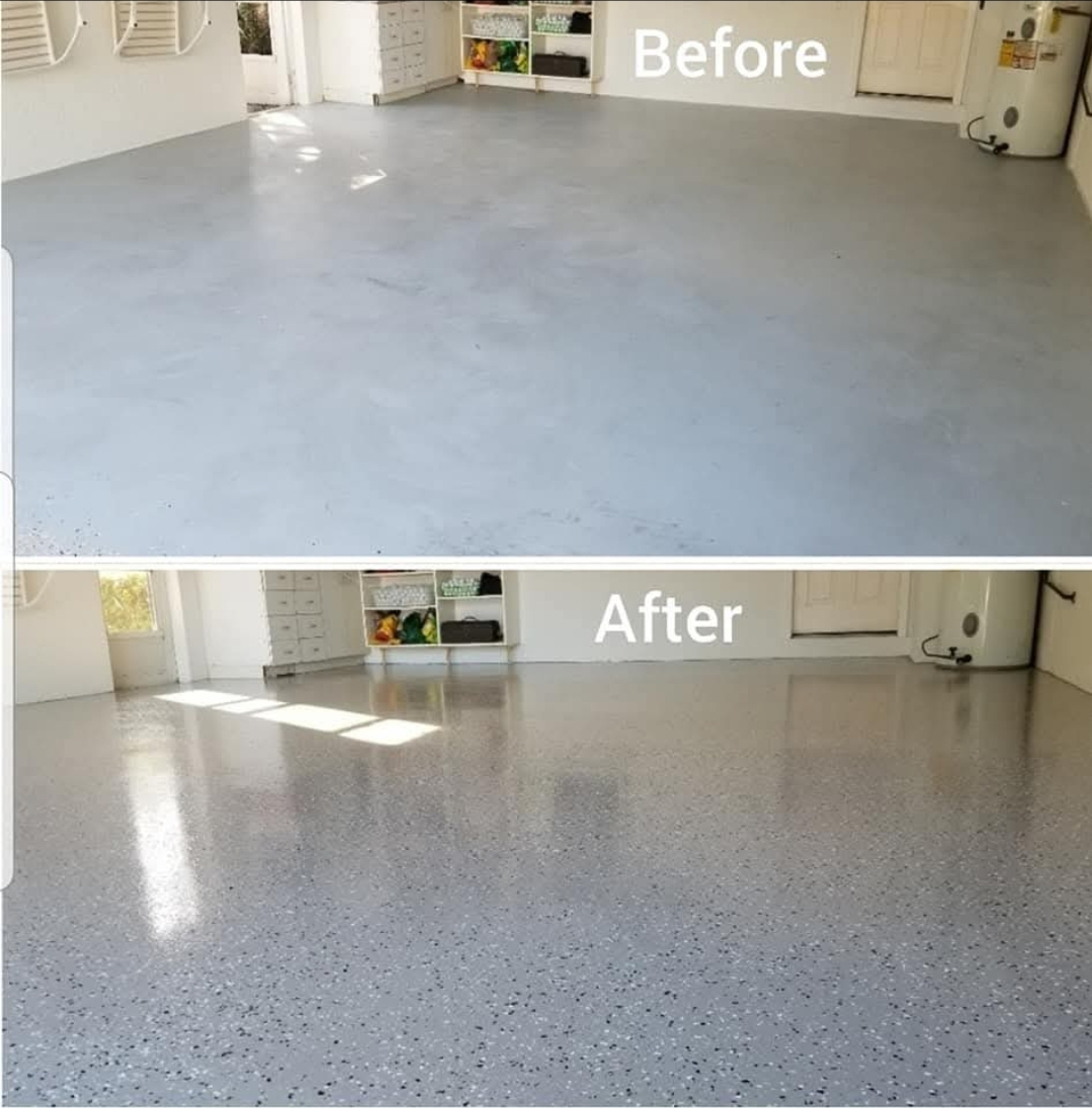 Comparison of a garage floor before and after resurfacing, showing a transition from a plain, gray concrete to a polished, speckled epoxy coating.
