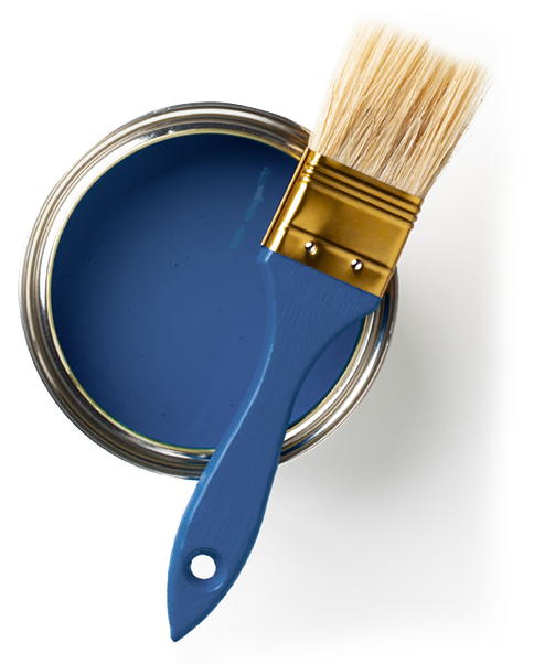 Open can of blue paint with paintbrush resting on it.