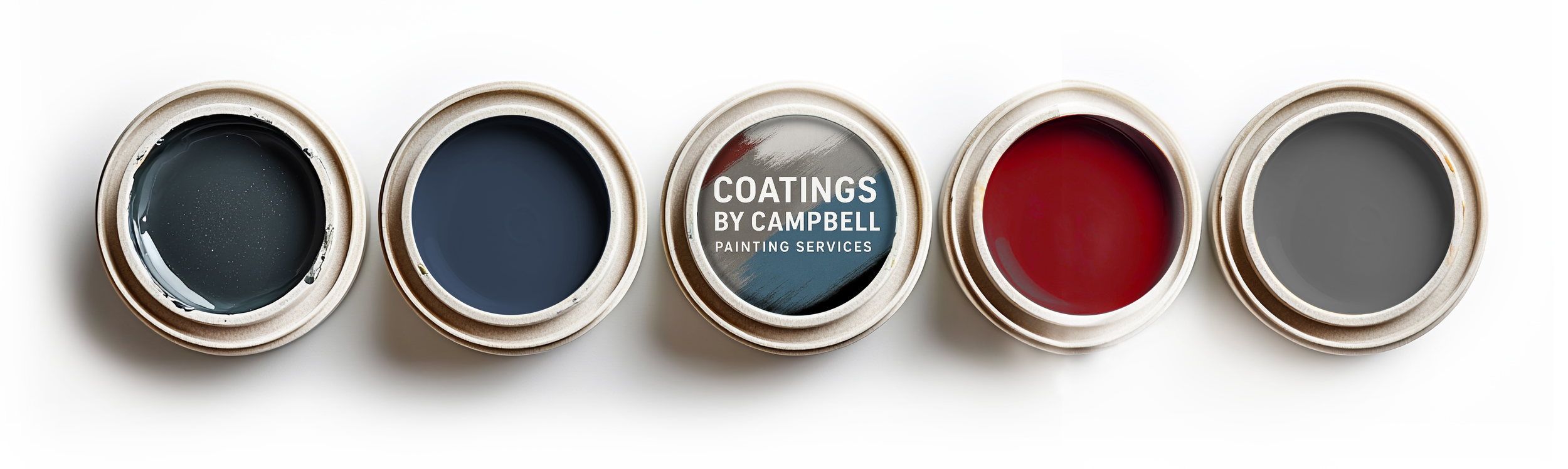 Top view of five open paint cans in a row, with shades of dark blue, grayish blue, red, and gray, including a can labeled "Coatings by Campbell Painting Services."
