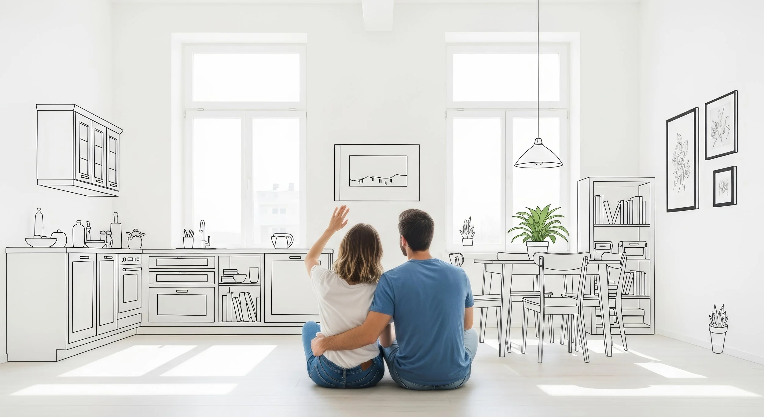 A couple sitting on the floor in a bright, white kitchen and dining area with black line drawings of kitchen furniture, decor, and artwork on the walls.